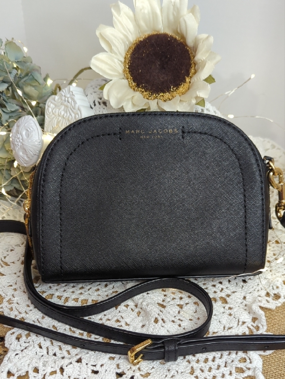Marc Jacobs Black Leather Dome Crossbody with Gold Hardware